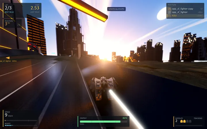 Viper: ein Gleiter rast durch eine Hochhausstadt in der Abendsonne
