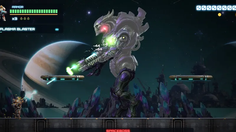 Der Spaceboss: ein biomechanischer Kampfkoloss mit Armkanone vor einem Ringplaneten